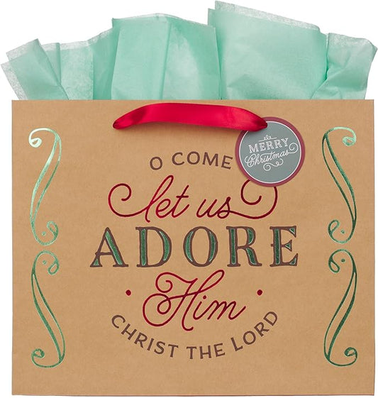 Christian Art Gifts Large Landscape Inspirational Christmas Gift Bag, Tag & Wrapping Tissue Paper Set for Men & Women: Let Us Adore Him, Cute Sturdy Satin Ribbon Handles, Kraft Paper Brown Multicolor