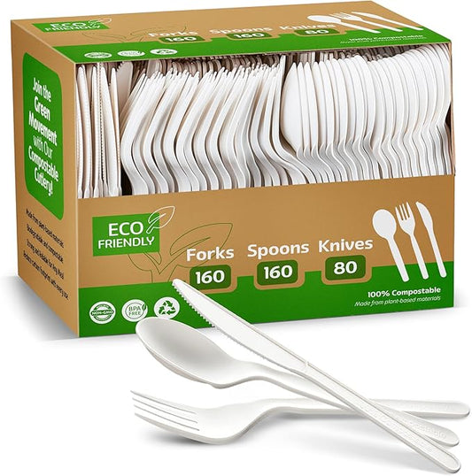 Elegant Disposables 100% Compostable PLA Combo Cutlery Set Disposable Plastic Forks Spoons Knives 400 Pcs Biodegradable Utensils