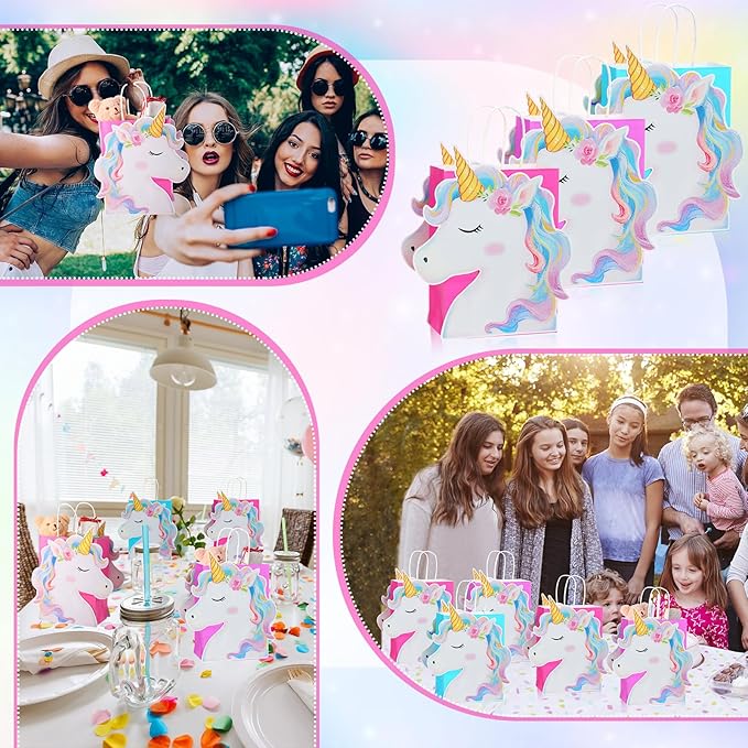 Kolldenn 24 Pack Unicorn Party Favor Bags Goody Bags 3 Colors with 48 Pcs Cardstocks and Handles for Unicorn Birthday Party Gift Goody Treat Candy for Unisex Favors