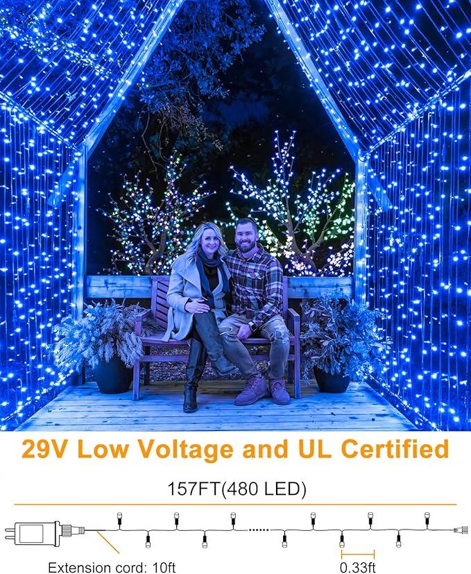 157FT 480 LED Christmas String Lights, Plug in Christmas Lights Outdoor Waterproof, 8 Modes Green Wire Fairy String Lights for Indoor Home Patio Tree House Holiday Decorations, Blue