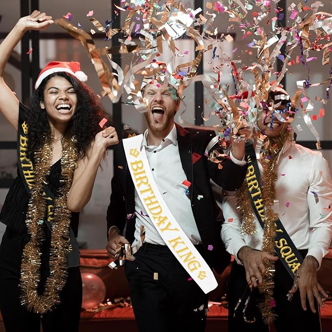 7 Pcs Birthday King Sash and Birthday Squad Sashes Set, Funny Bday Sashes for Men Bday Party Supplies Gifts Favors, Black+White (Gold Letters)
