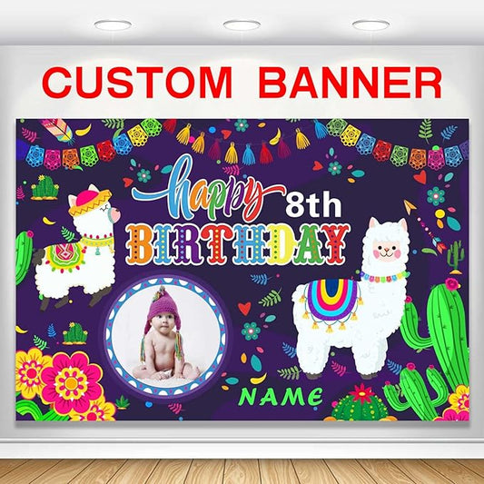 Custom Llama Cactus Happy Birthday Party Decorations Supplies Personalized Mexican Llama Cactus Birthday Backdrop Banner(6x9ft)