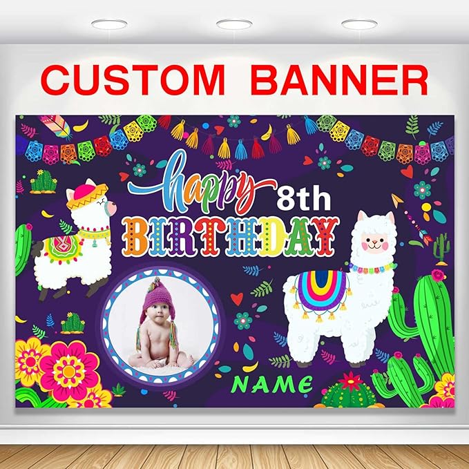 Custom Llama Cactus Happy Birthday Party Decorations Supplies Personalized Mexican Llama Cactus Birthday Backdrop Banner(4x6ft)