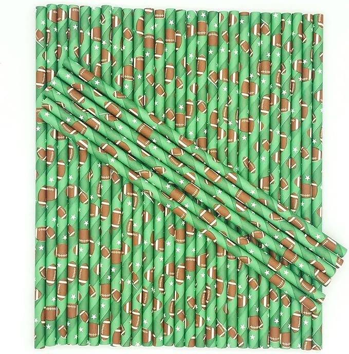 100 pcs Sports Party Paper Straws, Ombre Green Stripe White Star Brown Rugby Football Bar Soda Beer Drinking Straws, Cute Biodegradable Decor Game Day Cake Pop Sticks (Green With Football)