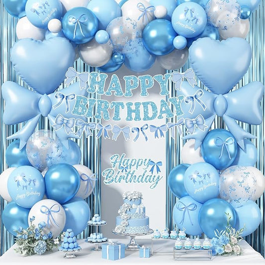 Blue Bow Birthday Party Decorations, Coquette Baby Blue White Bows Balloons with Mini Bows Decor Happy Birthday Banner Fringe Curtain for Women Girls Bows Bachelorette Baby Shower Party Decoration