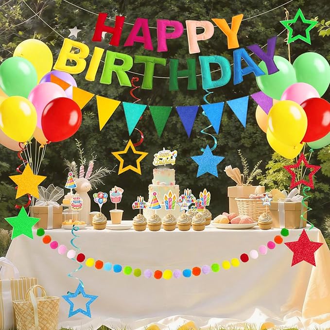 43PCS Pre-Strung 3D Felt Happy Birthday Banner Decorations, Rainbow Happy Birthday Banner Felt Pom Pom Garland Triangle Fabric Banner for Handmade Felt Reusable Birthday Banner Decorations Supplies