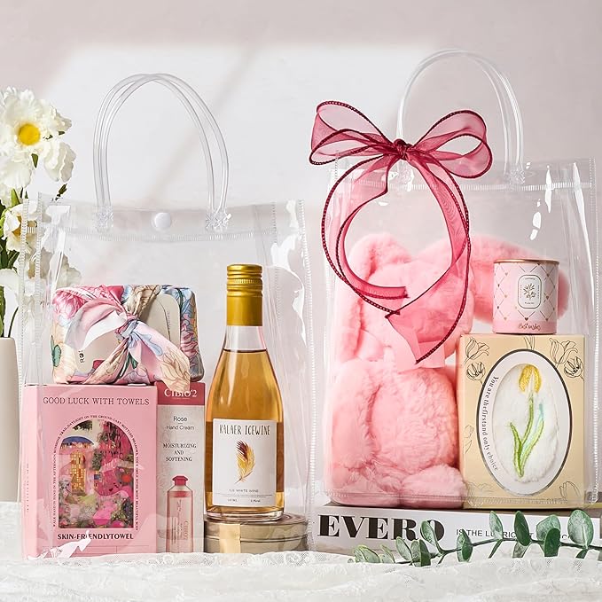 Jutieuo 24 PCS Clear Gift Bags with Handles, 7.9 x 9.8 x 3.2 Inch Inches Reusable Plastic Goodie Bag Transparent Party Favor Bags Bulk for Weddings Birthdays Events, Classrooms & Celebrations