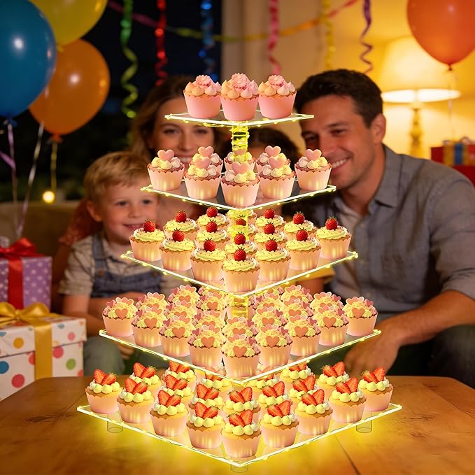 YestBuy 5 Tier Cupcake Stand for 60 Cupcakes,Clear Acrylic Cupcake Tower with Yellow LED Lights and 4.7" Clear Tiers, Perfect for Weddings, Birthdays and Dessert Tables