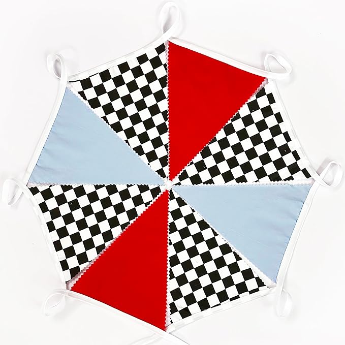 32Ft Racing Party Decorations Red Blue Black White Checkered Racing Car Fabric Banner Triangle Flag Pennant Garland Streamers for Kids Race Car Birthday Racetrack Baby Shower NASCAR Picnic Decor