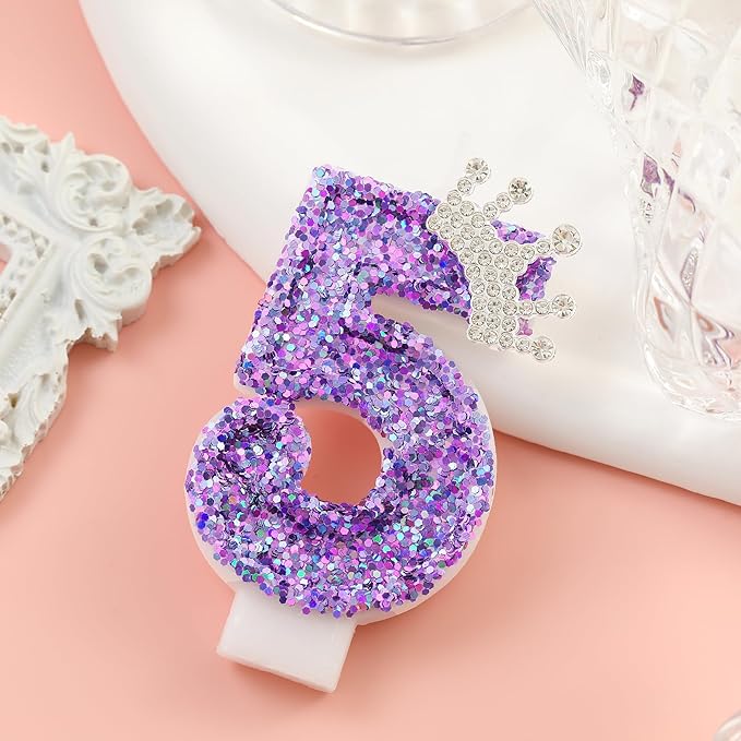 Birthday Number Candles,Purple Crown Birthday Candles for Cake,Glitter Number 5 Candle Cake Topper with Sequins for Anniversary Celebrations Supplies