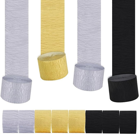 BEISHIDA 8 Rolls Black Gold Silver Crepe Paper Streamers for Graduation Birthday Newyear Party Decorations, DIY Craft Paper(1.8 Inch x 82 Ft/Roll)