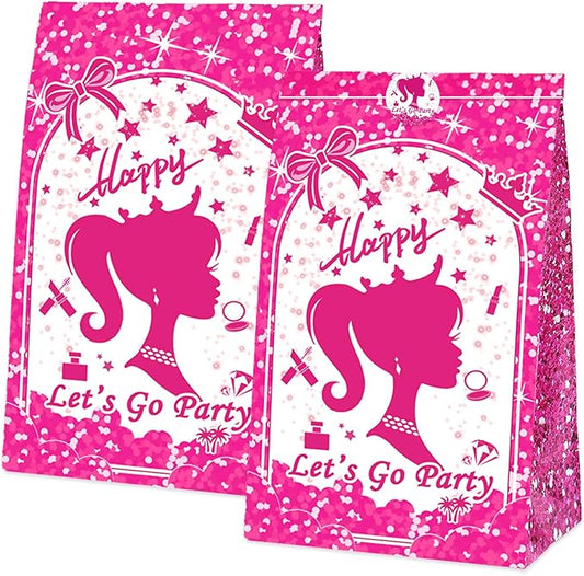 We1stdsee 24 Pack Pink Girl-Themed Party Goodie Bags with Sealing Stickers, Candy Treat Party Favor Bags for Kids Girls Birthday Party Decorations Supplies