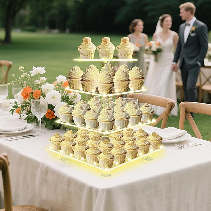 Cupcake Stand with Lights, 4 Tier Acrylic Cupcake Tower with Yellow LED String Lights, Clear Cupcake Display Stand for Wedding,Baby Shower, Birthday