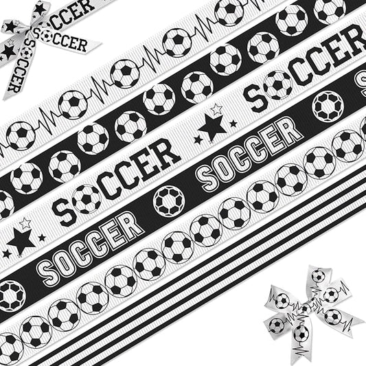 Soccer Ribbon, 6 Pack (5/8 Inch x 3 Yards Each), Black and White Grosgrain Ribbon for Hair Bow, Sports Party Decoration, Team Awards, School Events & Gift Wrapping