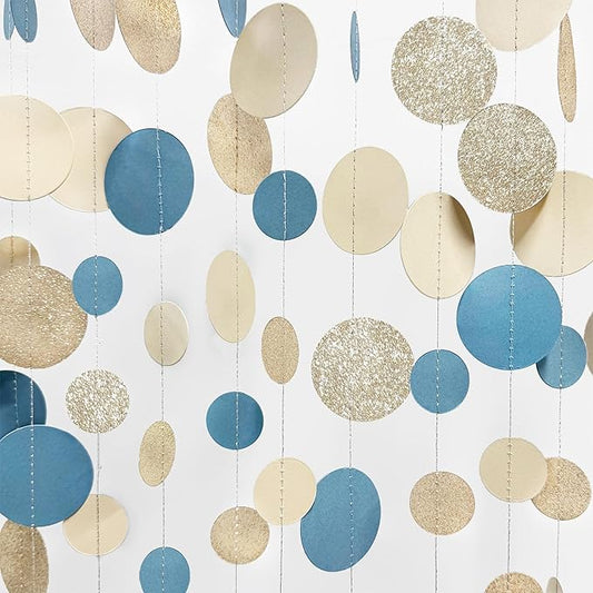 Champagne Gold Dusty Blue Beige Circle Dot Garland Hanging Paper Polka Dot Streamer for Men Boy Birthday Baby Shower Wedding Bridal Shower Retirement Engagement Bachelorette Party Decorations Supplies
