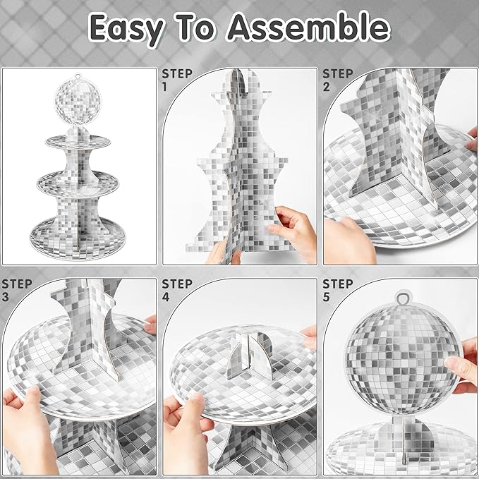 Haooryx Disco Cupcake Stand Decoration - 3-Tier Silver Glitter Disco Ball Cardboard Cupcake Stand Dessert Holder for Theme Birthday Party Decor Baby Shower Bachelorette Party Table Decor Supply