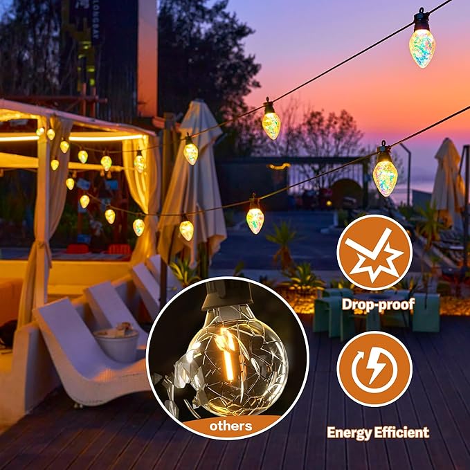Outdoor String Lights, 66FT 27 LED Iridescent Holographic Bulbs, Waterproof Patio Lights with Remote Control, Shatterproof Connectable Lights for Backyard, Porch, Garden, and Party