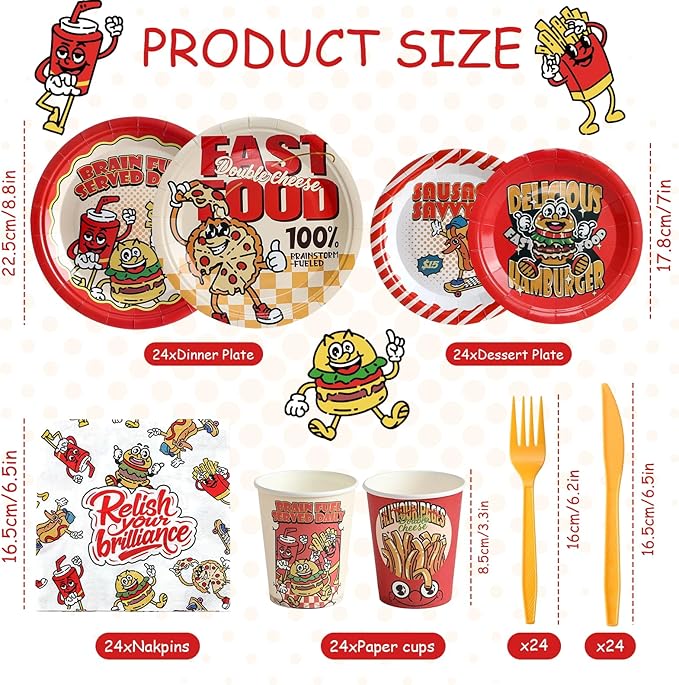 144Pcs Food Birthday Party Supplies Decorations Hamburger Fried Chicken Fries Themed Paper Plates Napkins Vintage Party Tableware Disposable Dinnerware for Boy Kid Birthday Table Decor, Serve 24