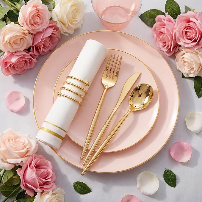 MirthMood 350PCS Pink Plastic Plates with Gold Rim ??Plastic Plates Set Includes 50 Dinner,50 Dessert Plate,50 Cup&50 Napkins 150 Gold Silverware for Wedding&Birthday Parties&Valentine's Day