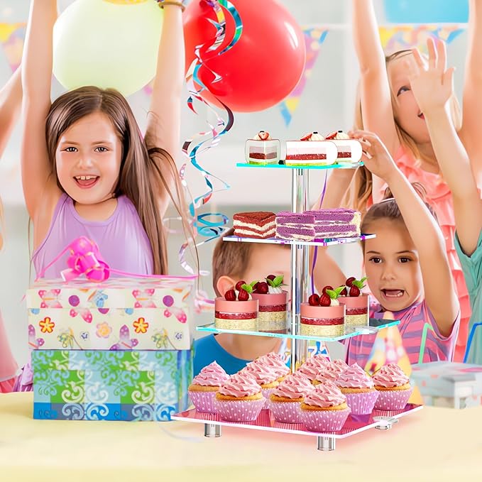 weddingwish 4 Tier LED Cupcake Stand, Clear Acrylic Cupcake Tower with Rechargeable Light, Cupcake Holder for 50 Cupcakes, Cupcake Dessert Display Stand for Parties,Weddings,Birthdays,Baby Shower