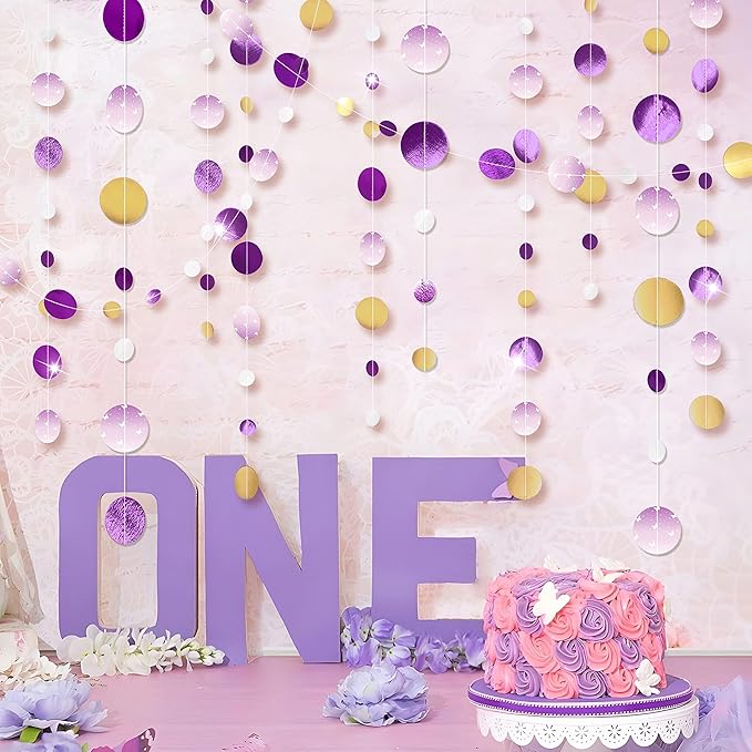 Cheerland Purple and Gold Party Decorations Rapunzel Birthday Decorations Lavender Fantasy Theme Circle Golden Garland Streamers Banner Pruple Backdrop Bday Hanging Party Decor Baby Shower Supplies