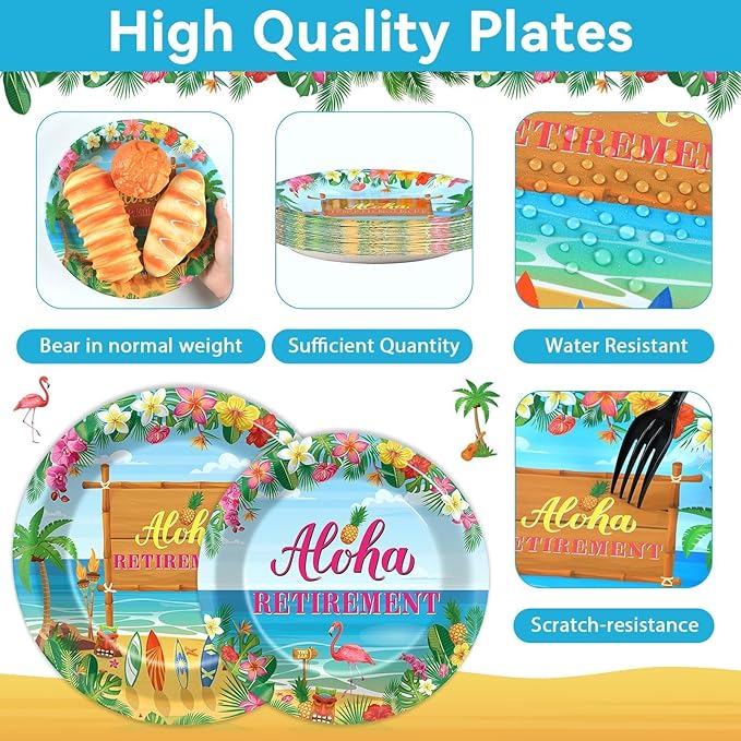 Tropical Hawaiian Luau Happy Retirement Party Decorations Aloha Retirement Party Plates Napkins Beach Paper Plates Summer Aloha Disposable Dinnerware for Hawaiian Beach Theme Decors Supplies Serve 24