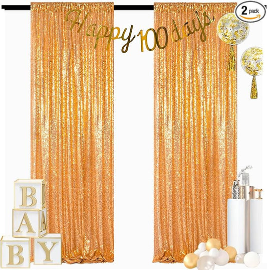 ShinyBeauty Gold Backdrops 2 Pieces Sequin Curtains 4FTx7FT Photoshoot Background Shimmer Golden Bakdrop Glitter Backgrounds for Prom,Birthday,New Year Studio Decor (8FTX7FT)