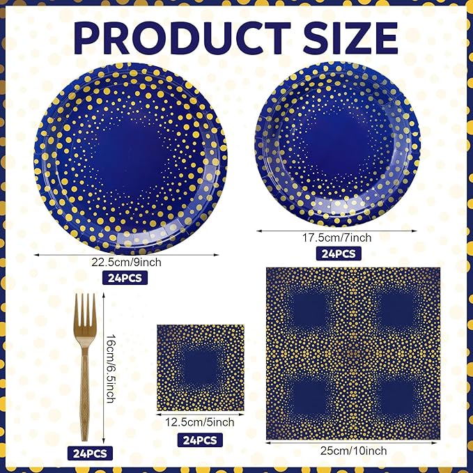 Yungyan 96 Pcs Blue and Gold Party Supplies Disposable Tableware Set Include 24 Dots on Blue Paper Napkins 24 Large Plates 24 Small Plates 24 Forks for Graduation Birthday Party Decorations
