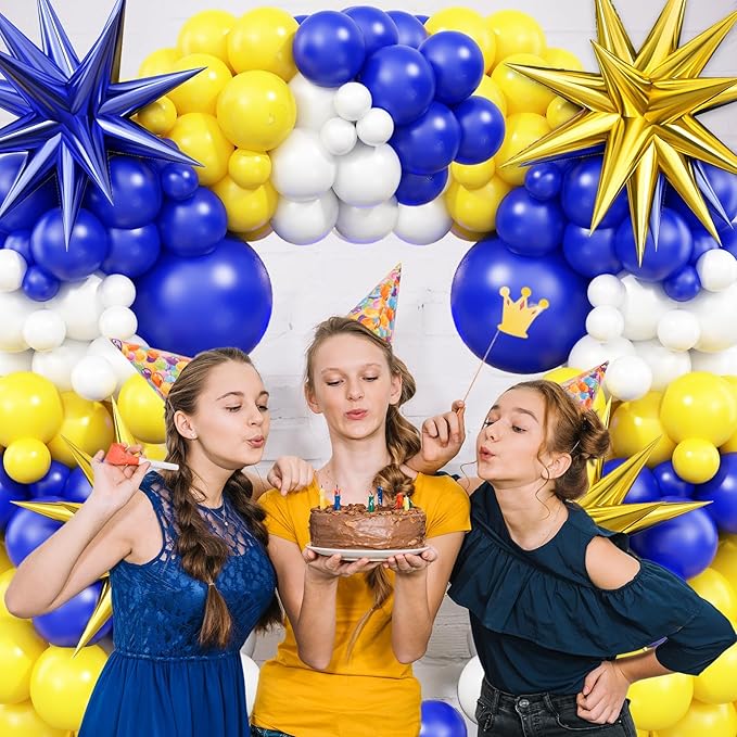 Blue Yellow Balloon Arch Kit, Royal Blue and Yellow White Balloons Garland Kit with 4D Foil Star Balloons, for Graduation 2026 Baby Shower Anniversary Birthday Wedding Party Decoration