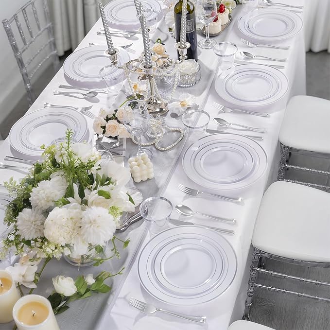 WELLIFE 300 PCS Silver Dinnerware Set for 50 Guests, Silver Plastic Disposable Plates for Party, 50 Dinner Plates, 50 Salad Plates, 50 Cups Forks Knives Spoons for Wedding and Party Anniversary