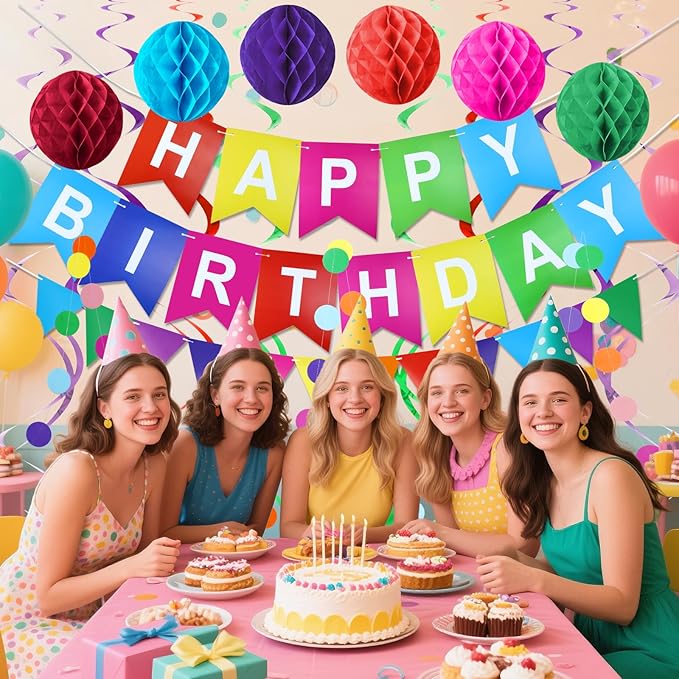 Happy Birthday Banner with Colorful Paper Flag Bunting Paper Circle Confetti Garland Swirl Streamers Honeycomb Ball for kids Party decorations