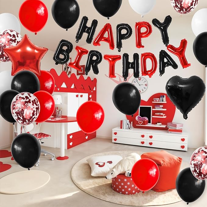 Red and Black Birthday Decorations for Boys,Black Red Star Heart Foil Balloons Black Red Happy Birthday Banner Happy Birthday Decorations for Men Women