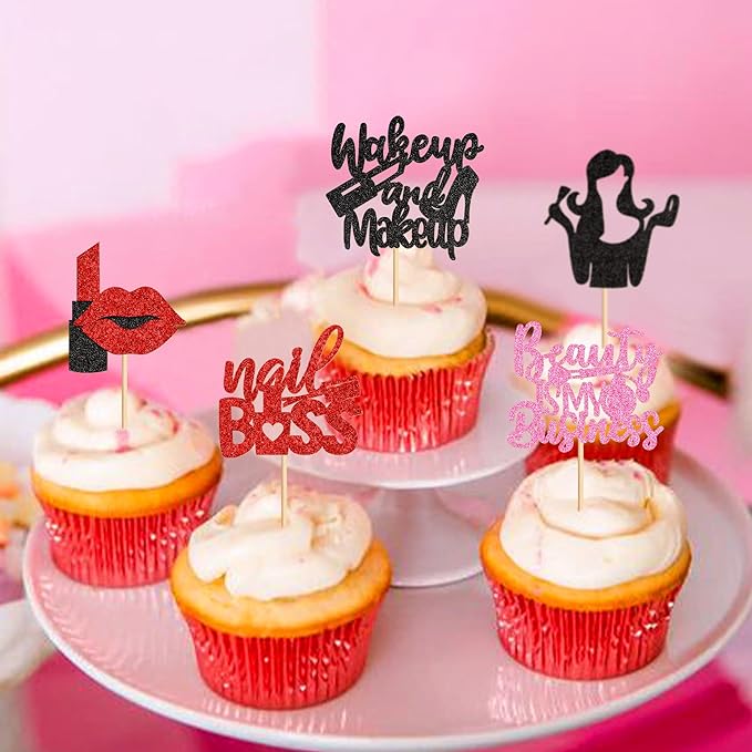 Ercadio 24Pcs Makeup Girl Cupcake Toppers Make-up Artist Cupcake Picks Beautiful is My Business Food Picks for Makeup Girl Birthday Cupcake Decors Cosmetics Make-up Party Supplies
