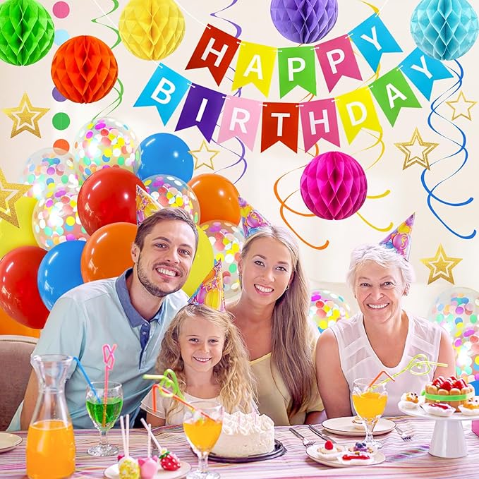 ZERODECO Birthday Decorations, Easy to Assemble Colorful Happy Birthday Banner with Honeycomb Ball, Balloon, Hanging Swirl Streamer, Garland, Happy Birthday Party Decorations for Women Girls Kids