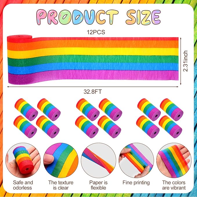 AmazingSpark 12 Rolls Rainbow Streamers Crepe Paper 394 ft Streamers Party Decorations Colorful Crepe Paper Rolls for Birthday Wedding Baby Shower Pride Day Backdrop DIY Craft (Color Stripes)