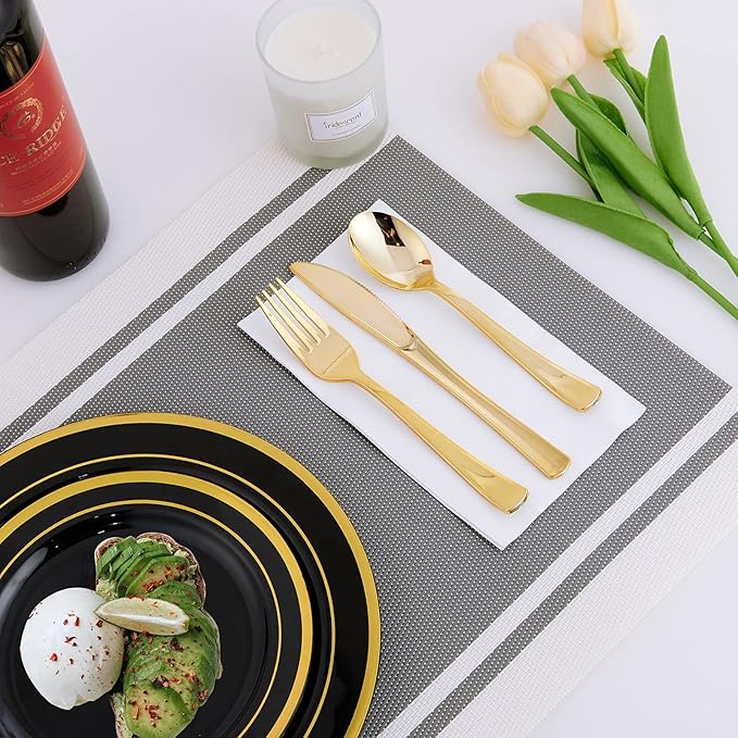 125 Count Halloween Dinner Plastic Plates Include 25 Disposable Dessert Plates & Gold Disposable Silverware, Dinnerware Set Providing for 25 Guests for Party, Wedding