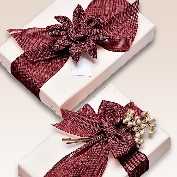 Burgundy Burlap Ribbon 2 inch X 10 Yard Natural Burlap Woven Wired Ribbons DIY Handmade Edging Production Wreath Holiday Decoration Gift Ribbon for Gift Wrapping Burgundy Ribbons