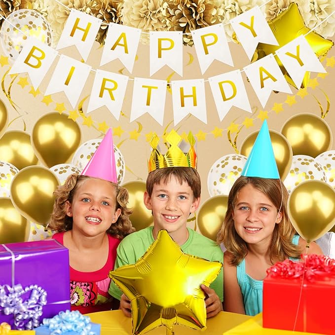 Gold Birthday Party Decorations - Banner, Pompoms, Confetti, Balloons, Garland for Boys, Girls, Women, Men's 6th to 70th Birthday
