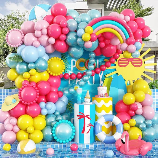 155 Pcs Summer Rainbow Balloons Arch Kit, Hot Pink Teal Blue and Yellow Neon Balloon Garland Kit Pool Birthday Decor, Pastel Pink Blue Colorful Long Balloon as Rainbow Tropical Luau Party Decorations