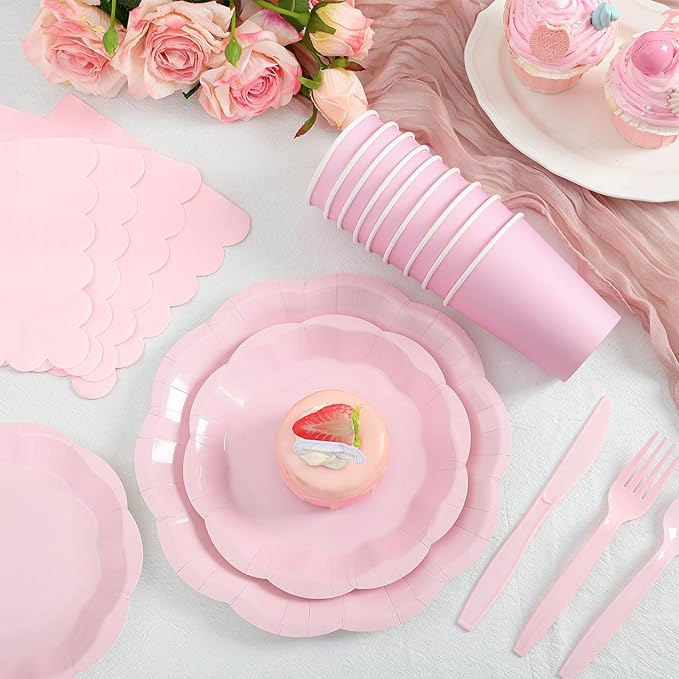 NatNarr 175 Pcs Pink Paper Plates and Napkins Set Include 9" Dinner Plates, 7" Dessert Plate Disposable Scalloped Tableware Serve 25 Guest for Wedding Baby Shower Bridal Shower Birthday
