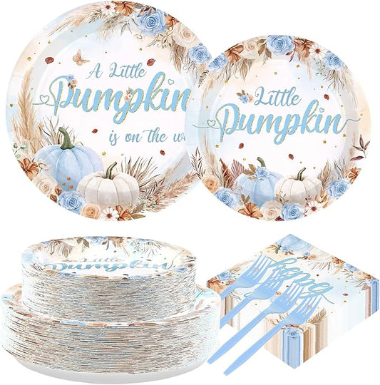 200Pcs Fall Little Pumpkin Baby Shower Decorations Blue Pumpkin Plates and Napkins A Little Pumpkin is on The Way Boho Floral Tableware Set for Boy Baby Shower Fall Thanksgiving Party Supplies Serve50