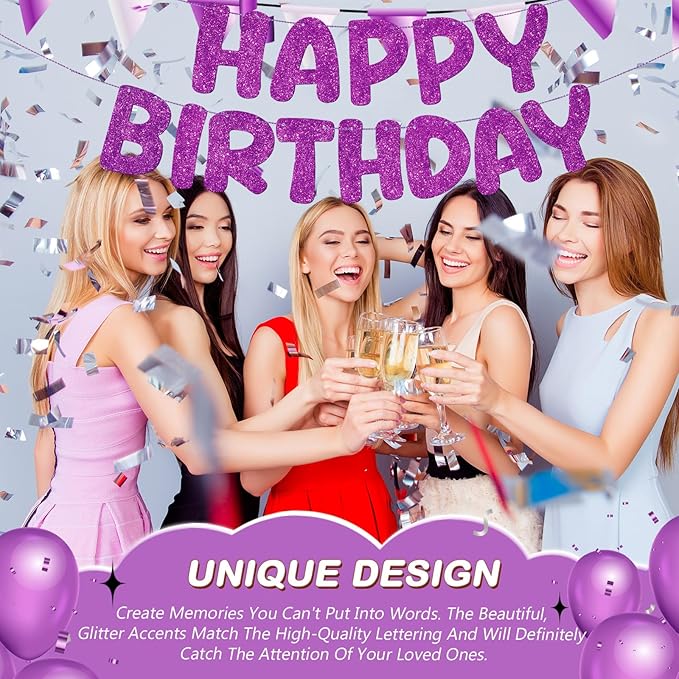 Fulmoon Glitter Pre Strung Happy Birthday Banner No DIY Party Decorations Happy Birthday Sign Decor for Men Women Boy Girls Backdrop(Dark Purple)