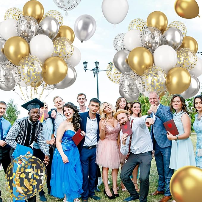 Paready Gold and Silver Latex Balloons, 60 Pcs 12 Inch Metallic Gold Silver and White Confetti Balloons for Birthday Baby Shower Engagement Anniversary Wedding Bridal Shower Graduation Decoration