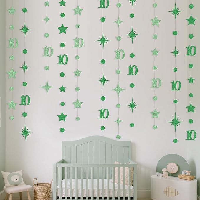 Green 10th Birthday Decorations Number 10 Circle Dot Star Garland Glitter Streamer Banner Backdrop for Girls Boys Double Digits Cheers to 10 Years Old Birthday 10th Anniversary Party Supplies