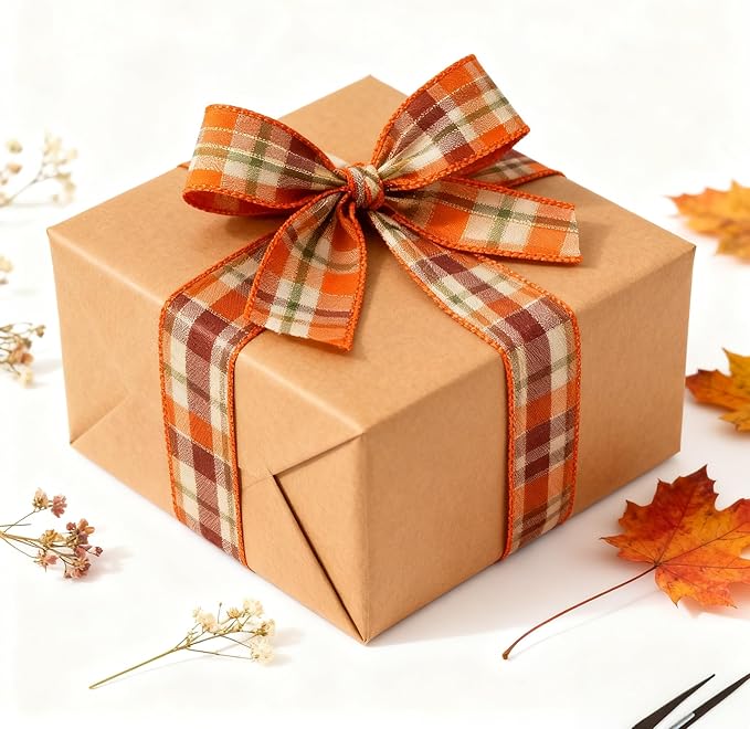 Meseey 4 Inch x 10 Yards Orange Burgundy Green White Plaid Wired Ribbon, Fall Buffalo Plaid Wired Edge Ribbons for Large Wreaths, Big Bows, Gift Wrapping, Thanksgiving & Halloween Decor