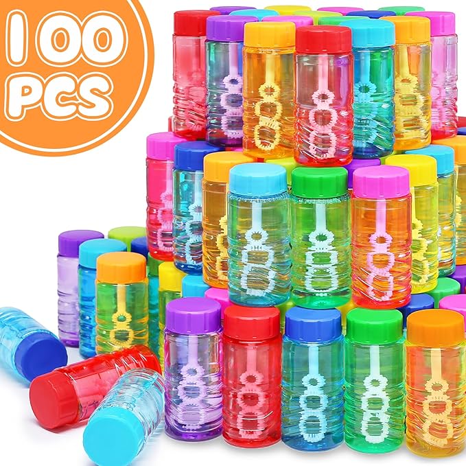 100 Pack 10 Neon Colors Bubble Bottles with Wand Attached to the Cap, Summer Bubble Solution Bulk Toy, Birthday Decor Gift Box, Party Favor Supplies for Kid, Carnival, Goody Bag Stuffer, Pinata Filler