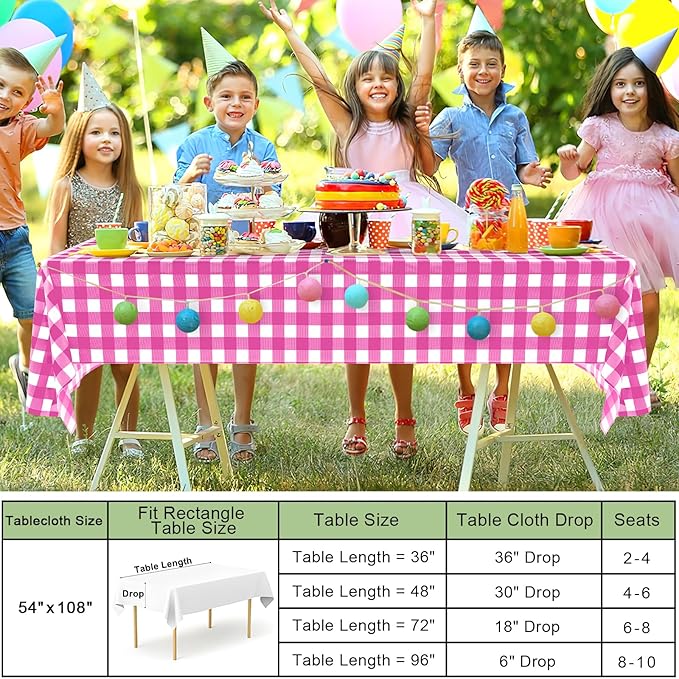 misaya 3 Packs Buffalo Disposable Table Cloth, 54 x 108 Inch Waterproof Plastic Tablecloth, Rectangle Hot Pink and White Checkered Table Covers for Picnic, Birthday, Party