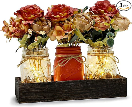 Mason Jar Centerpiece Table Decor for Dining Room Fall Farmhouse Coffee Table Decor with Wood Tray Fairy Lights Fake Flowers for Kitchen Living Dining Room - Orange
