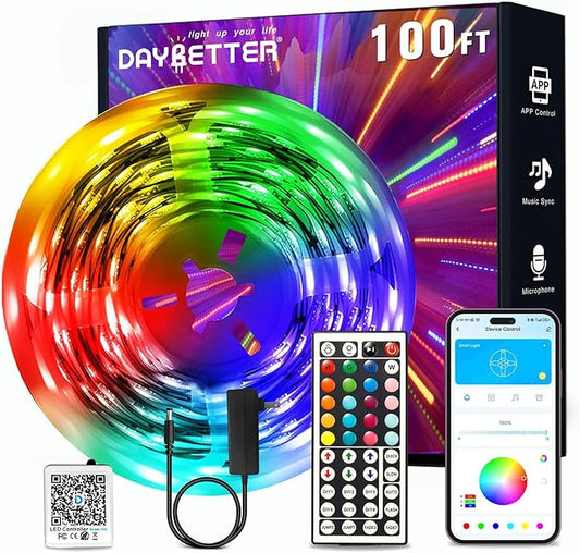DAYBETTER LED Strip Lights 100ft, Smart Lighting with App Remote Control, RGB LED Lights for Bedroom, Music Sync Color Changing for Room Home Decor Party (1 Roll)