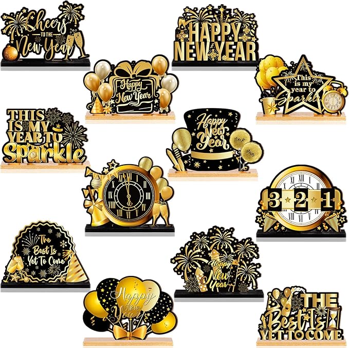 Marsui 12 Pcs Happy New Year Wooden Table Decorations 2026 New Year Table Centerpiece Tiered Tray Home Decor Signs Party Decorations for Party Supplies